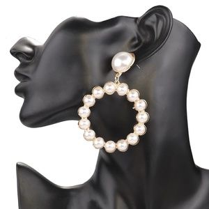 Pearl and Gold 3" Dangle Round Hoop Chic Earrings